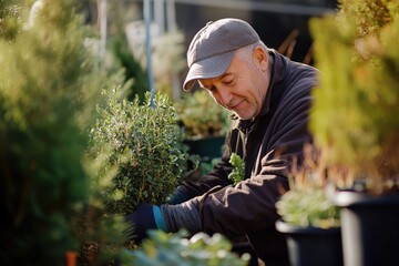 Gardener smiling and taking care of small plants in a sunny garden center