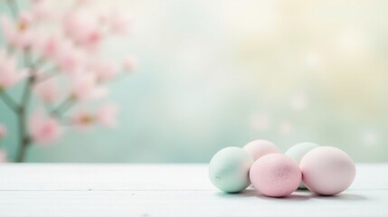 Pastel-colored eggs rest gently on a white wooden surface, adorned with a soft-focus floral backdrop.