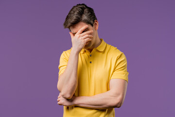 Disappointed sad man, Facepalm Gesture, Like No, I Forgot. Unhappy ashamed guy