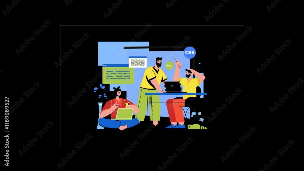 Poster group of diverse individuals collaborating on programming tasks, showcasing teamwork in a modern tec