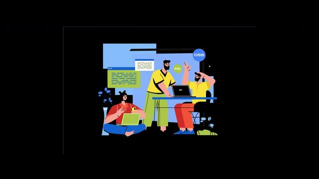 Group of diverse individuals collaborating on programming tasks, showcasing teamwork in a modern tech environment.