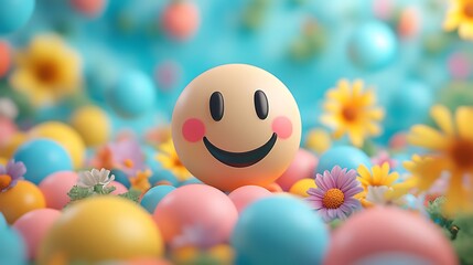 Joyful smiley face surrounded by colorful flowers playful environment