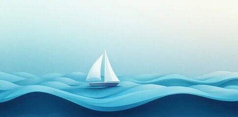 A Small Sailboat Navigates Serene Blue Waves