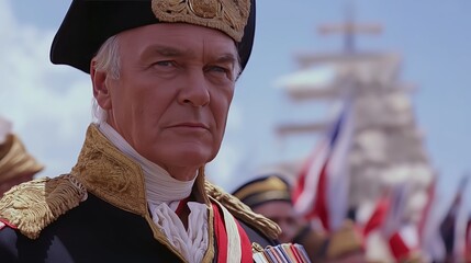 Determined naval admiral in full uniform with warships in the background, symbolizing leadership, maritime strategy, naval history, and the discipline of military command at sea, Generative AI