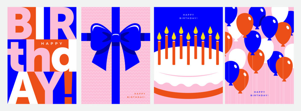 Four Birthday cards or banners set with cake, bow, text and balloons.