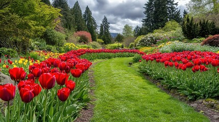 Stunning Red Tulips in a Serene Garden Setting During Springtime