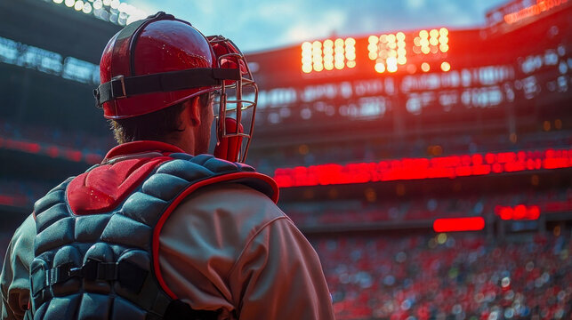 Rear view of a baseball catcher during a game under bright stadium lights. Red uniform, helmet, and gear emphasized in the scene