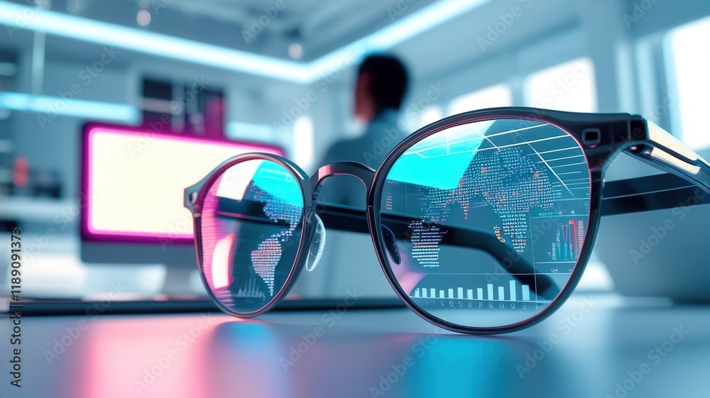Poster pair of glasses with a computer monitor in the background