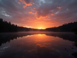 Fototapeta premium A serene sunrise over a calm lake, with vibrant orange and pink hues reflecting on the water. The silhouettes of trees line the shore, creating a peaceful atmosphere