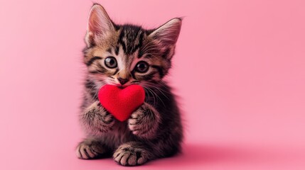 Obraz premium A kitten with a red heart-shaped toy in its paws and a small red heart in its mouth, surrounded by a pink background.