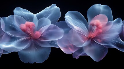 Two ethereal flowers bloom in soft blue and pink hues