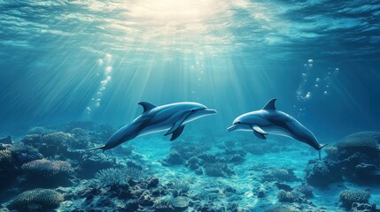 Fototapeta premium Dolphins Gracefully Swim in Sunlit Coral Reef