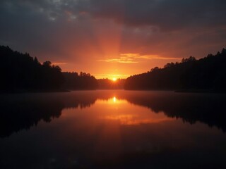 Obraz premium A serene sunrise over a calm lake, with vibrant orange and pink hues reflecting on the water. The silhouettes of trees line the shore, creating a peaceful atmosphere