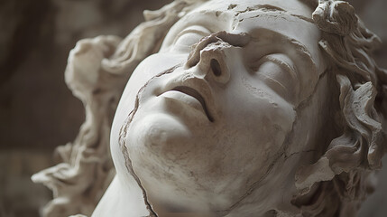 Fototapeta premium Aphrodite Statue Gazing Upward, Cracks and Stone Fragments Suspended in Air