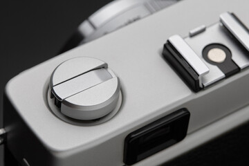 Old vintage film camera with len. Close up macro shot