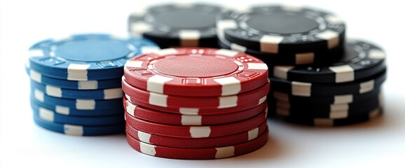 Stacks of red, blue, and black poker chips on white background.
