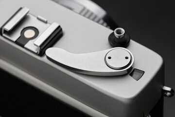 Old vintage film camera with len. Close up macro shot