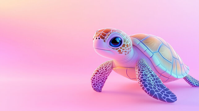 A 3d cartoon turtle on a pink background