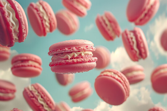 whimsical dessert scene, pink and red laduree macarons are soaring through the sky