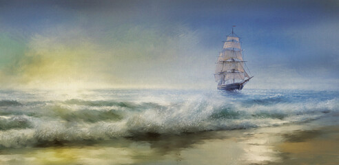 Obraz premium Ship in the ocean. Morning sunrise on the beach, ocean, seascape, waves and sun, illustration