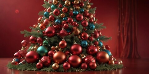 Fototapeta premium A stunning Christmas tree adorned with an array of colorful glass balls and shiny metallic ornaments against a rich red backdrop, ornate details, festive decorations