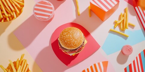 A colorful food arrangement showcases a delicious hamburger on a vibrant red plate. Fries and drinks create a fun dining atmosphere. Perfect for food lovers and marketing. AI