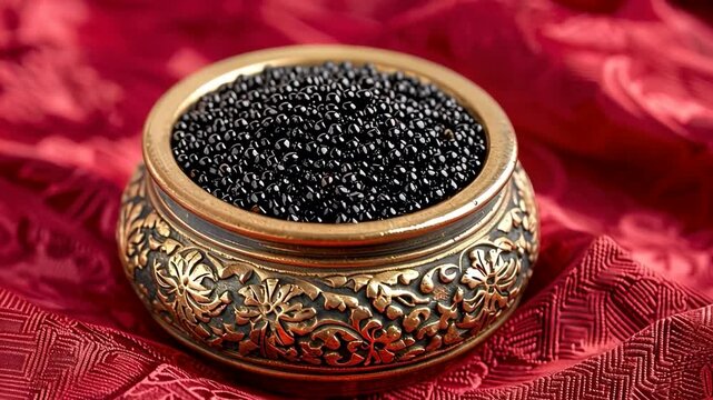 An ornate bowl filled with black urad dal on a red fabric background, symbolizing Indian cuisine and Diwali celebrations