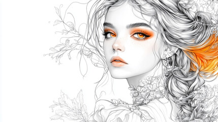 Obraz premium Fantasy woman, fantasy attire, fantasy asthetics, white background, bookline art style.