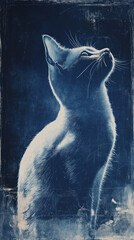 This stunning cyanotype-style kitten image captures a unique blue-toned aesthetic, filled with a vintage artistic vibe. Cyanotype, also known as blue print, is an ancient photographic printing techniq