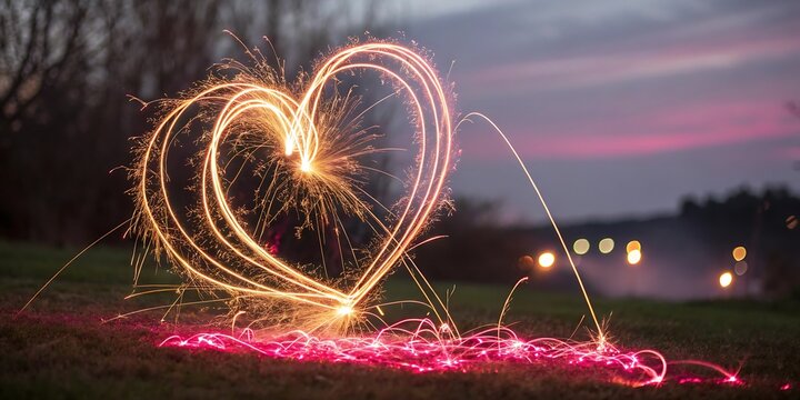 Heart-shaped light painting with sparklers on a grassy field during twilight, creating a romantic and artistic scene - Powered by Adobe