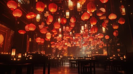 picturesque scene where red Chinese lanterns hang from the ceiling, casting a soft glow and symbolizing wealth and good luck during Chinese New Year celebrations