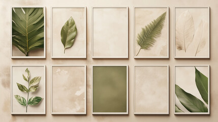 Botanical Gallery Wall Mockup: Ten minimalist frames showcase pressed leaves and foliage in earthy tones, creating a serene and stylish gallery wall perfect for showcasing your artwork or design.