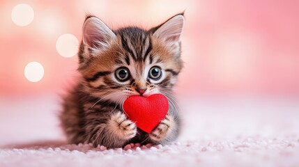 playful kitten with a red heart-shaped toy and a small red heart in its mouth, surrounded by a soft pink background.