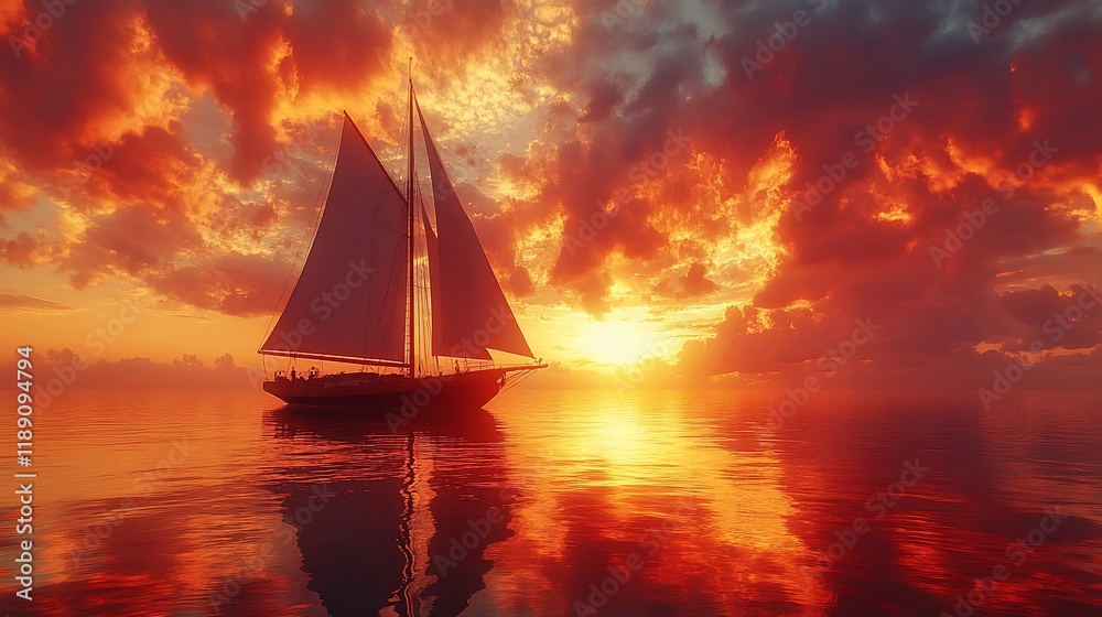 Wall mural Sailboat sunset ocean fiery sky calm water travel