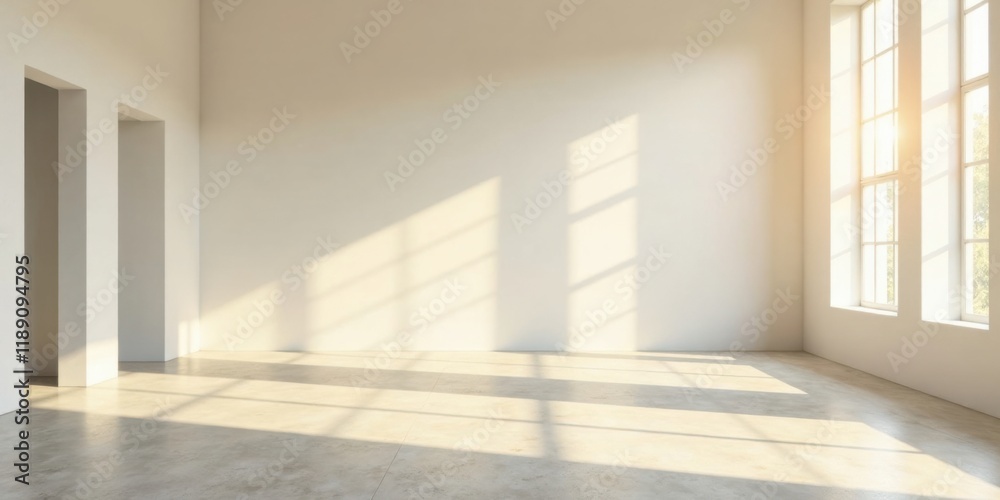 Poster Sunlit Empty Room with Minimalist Design and Large Windows