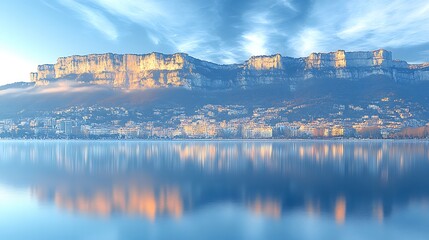 Morning sunlight illuminating a mountain range and its calm reflection in a lake, with a golden-pink sky and gentle clouds enhancing the peaceful ambiance.