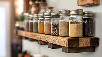 Artisan Crafted Spice Rack for the Modern Kitchen: A Functional and Aesthetic Masterpiece Using Reclaimed Wood and Charming Mason Jars
