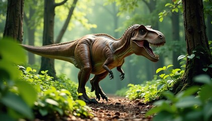A Tyrannosaurus Rex walks through dense foliage, t-rex, brown, ancient