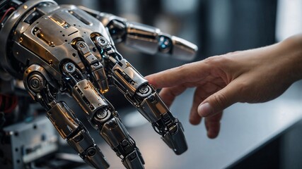 Obraz premium The human hands touch the robot's metallic hand. Concept of harmonious coexistence of humans and AI technology