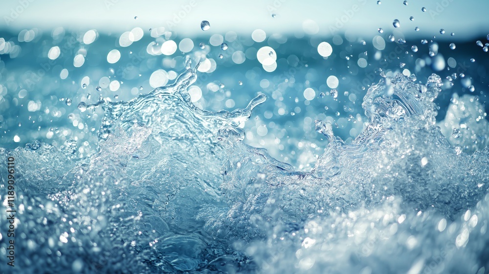 Poster dynamic splashing water with shimmering reflections, symbolizing purity, energy, refreshment, fluid 