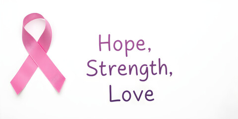 A pink ribbon on a white background, with the text "Hope, Strength, Love"