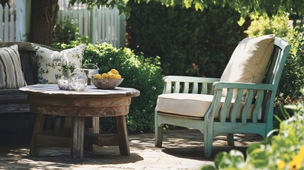 Obraz premium Serene Garden Patio Scene with Rustic Wooden Furniture and Lemons