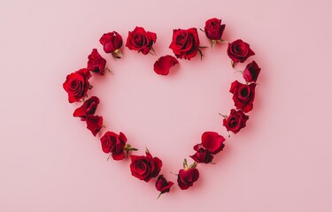 Obraz premium A heart shape made of rose petals on a pink background, symbolizing love and romance for a Valentine's Day