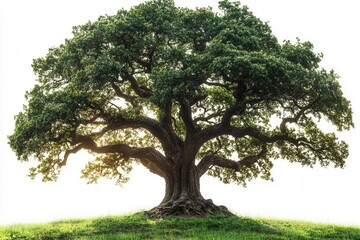 majestic ancient oak tree isolated on white background with detailed branches and green summer foliage in high resolution