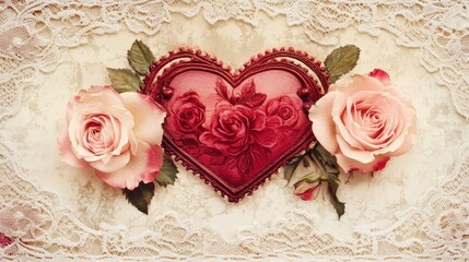 A romantic Valentines Day card with a vintage lace design, adorned with roses and soft shades of red and pink, for a classic, heartfelt message.
