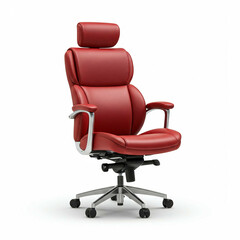 Fototapeta premium red leather office chair with chrome base and black wheels on white background
