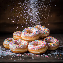 A stack of glazed donuts topped with colorful sprinkles, with sugar dust falling from above.