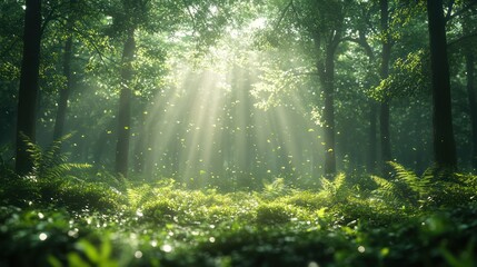 Fototapeta premium Sunbeams illuminate a lush, green forest floor, dappled sunlight filtering through leaves.