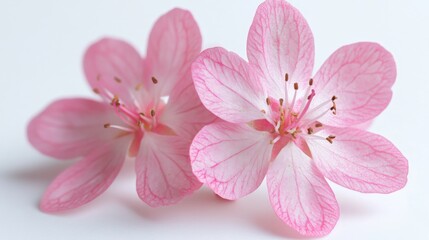two pink blossoms against a white background