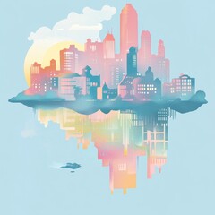 Fototapeta premium A Pastel Cityscape Floating on a Calm Sky